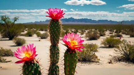 A blooming cactus with bright pink and orange flowers stands in the desert, contrasting with green spikes and pastel sand, under a clear blue sky with wispy clouds.