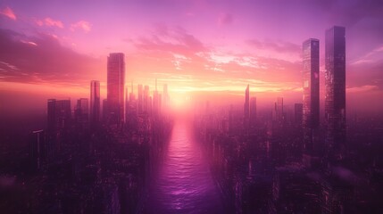 Fototapeta premium A wide-angle shot of a futuristic city panorama in a purple haze against a sunset sky. Fantasy illustration in cyberpunk style. Futuristic city scene in a style of sci-fi art. 80's wallpaper.