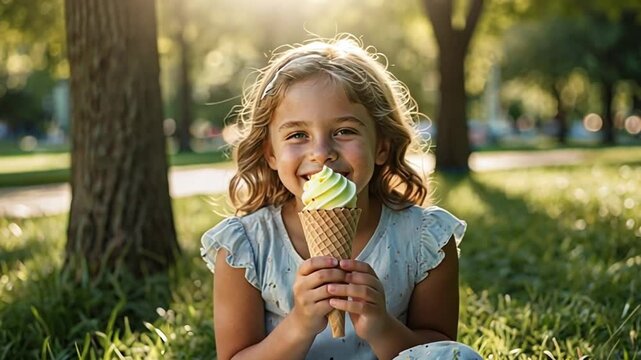 A young girl smiles joyfully with a pastel ice cream cone in a park, as soft sunlight filters through the trees, creating dappled shadows on the grass, capturing the essence of summer happiness.