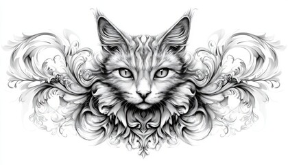 Obraz premium Intricate Cat Art: Monochrome Feline Elegance With Ornate Flourishes