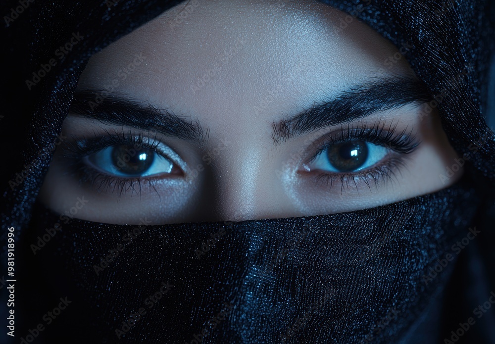 Poster Mysterious blue eyes behind dark veil