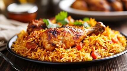 Showcasing a close-up of a wooden table serving chicken biryani 