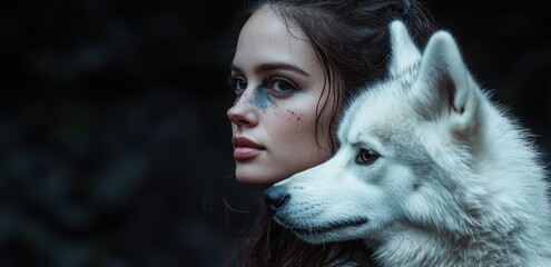 young woman with white wolf in dark forest