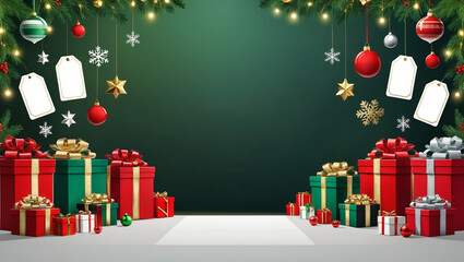 A festive Christmas setup with gift boxes, ornaments, stars, snowflakes, and holiday tags, framed by pine branches and lights, set against a deep green background.