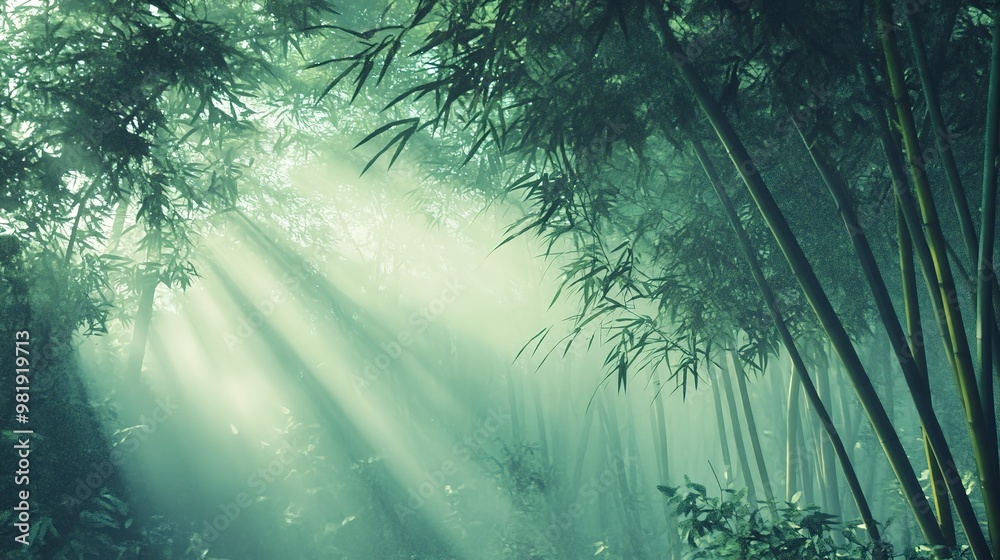 Poster Bamboo forest enveloped in morning mist, with a play of light and shadow among the leaves and stalks 