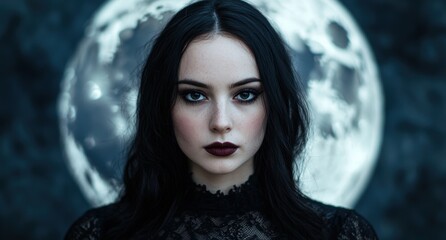 Mysterious woman with dark hair and intense gaze