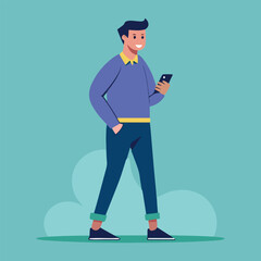 a man is standing and using a smartphone Flat design illustration
