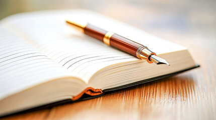 Fountain Pen on Open Book: A classic fountain pen rests atop an open book, its golden nib poised for inspiration. The soft light and warm wood grain create a serene atmosphere, 