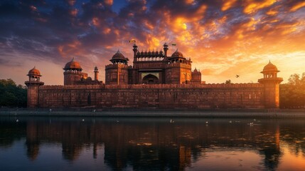 A sunset view of the historic Red Fort in Delhi, with its imposing sandstone walls.