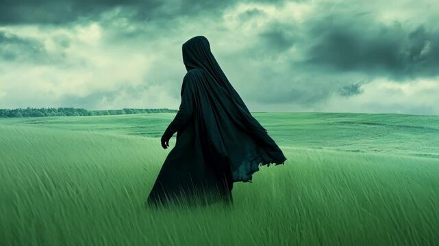 Mysterious hooded figure walking through a field with the wind blowing their cloak, creating a sense of mystery and intrigue