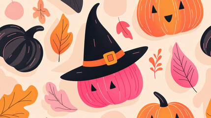 A cute witch hat pattern with pumpkins and leaves, Halloween-themed design patterns, vector illustration
