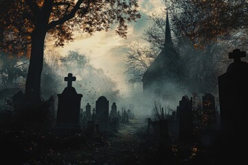 A Foggy Graveyard with a Church in the Distance