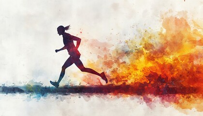 Naklejka premium Silhouette of a Woman Running With a Watercolor Splash Background in Vibrant Colors