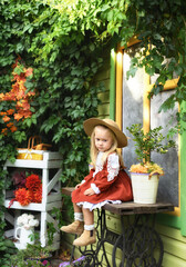 Beautiful little girl of two years old playing in the autumn yard. Little child playing in the yard of the house. Girl with long hair in a dress