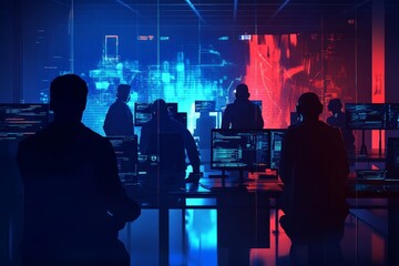 Silhouettes of hackers working on computer screens in a dark room with blue and red lights.