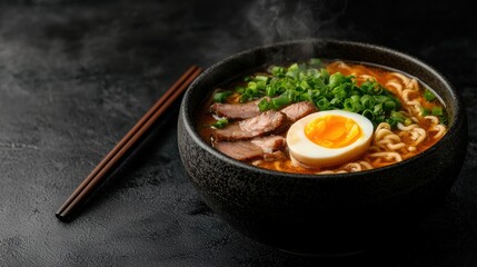 Delicious ramen noodle soup with tender meat, soft boiled egg, and fresh green onions