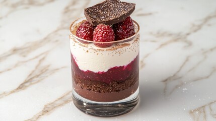 Layered chocolate and raspberry dessert in glass
