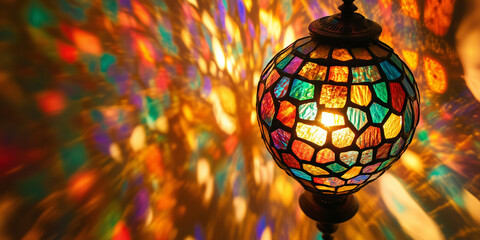 Obraz premium An antique stained glass lamp projecting abstract reflections on the wall. left space.