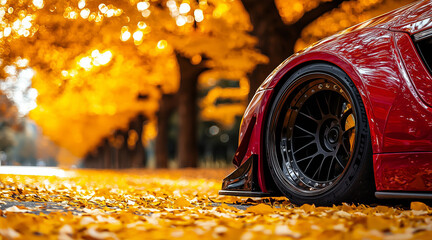 Car wallpaper, background with yellow leaves and trees, the car is red. Concept of speed, security. Autumn and winter style