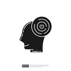 Line icon of human head with power button symbol inside, concept of brain power, human mind, thinking, idea, solution, innovation