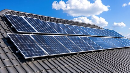 Solar Panels on a Roof with Blue Sky and Clouds