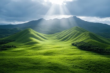 Dramatic mountain landscape with sunbeams