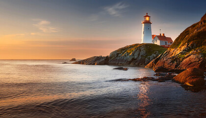 Naklejka premium A solitary lit lighthouse stands on a curved shoreline at sunset, with a rocky hillside extending into the ocean
