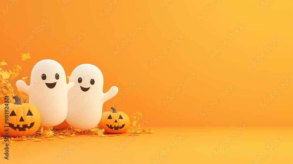 Sticker happy halloween ghosts and pumpkins with orange background