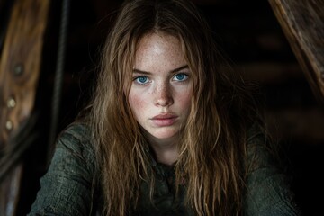 Fototapeta premium Pensive young woman with freckles and long hair