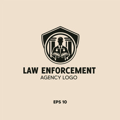 Vector art of law enforcement agency logo with judge and book
