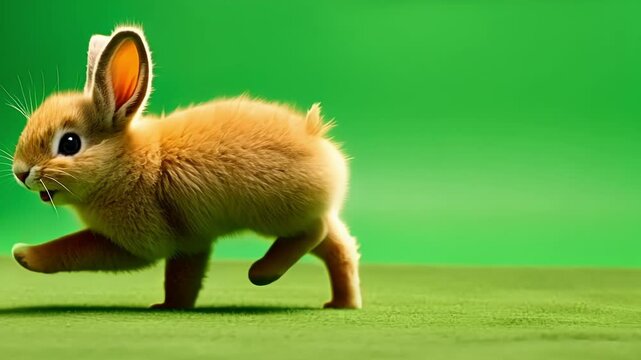 Fluffy bunny rabbit is running across a green screen, perfect for video editing and visual effects projects. This adorable animal is full of energy and ready to be animated into any scene