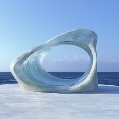 abstract sculpture against ocean backdrop