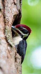 Colorful woodpecker peeking out from tree bark