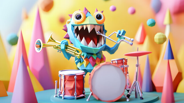 A cute monster dot black eyes, and a cheerful smile playing cute model pastel colour style ,each monster play music ,drum, trampet ,guitar, Violin ,Flute,Saxophone,Trombone,Piano pastel copyspace.


