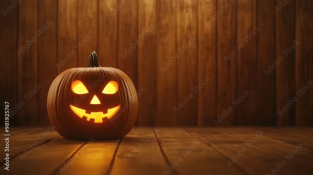 Wall mural lit jack o lantern on wooden background