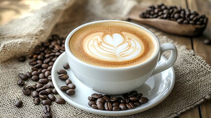 Coffee beans with a cappuccino cup on the table