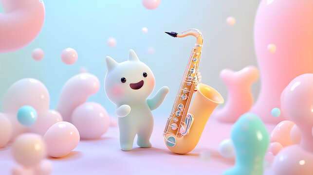 A cute monster  dot black eyes, and a cheerful smile playing cute model pastel colour  style  ,each monster play music ,drum, trampet ,guitar, Violin ,Flute,Saxophone,Trombone,Piano  pastel copyspace.
