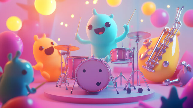 A cute monster  dot black eyes, and a cheerful smile playing cute model pastel colour  style  ,each monster play music ,drum, trampet ,guitar, Violin ,Flute,Saxophone,Trombone,Piano  pastel copyspace.