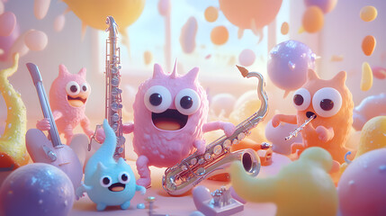 Fototapeta premium A cute monster dot black eyes, and a cheerful smile playing cute model pastel colour style ,each monster play music ,drum, trampet ,guitar, Violin ,Flute,Saxophone,Trombone,Piano pastel copyspace.