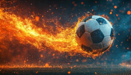 Fototapeta premium Sizzling Soccer: A Fiery Football on the Field in Full Glory