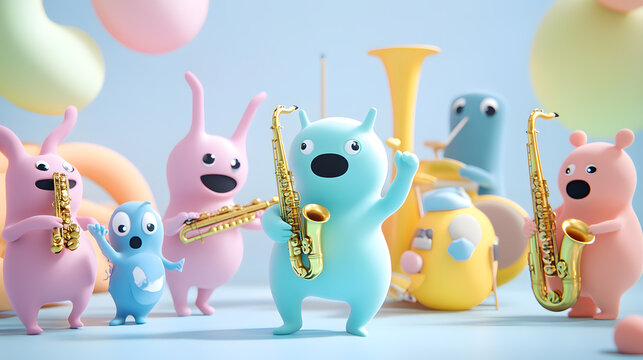 A cute monster  dot black eyes, and a cheerful smile playing cute model pastel colour  style  ,each monster play music ,drum, trampet ,guitar, Violin ,Flute,Saxophone,Trombone,Piano  pastel copyspace.