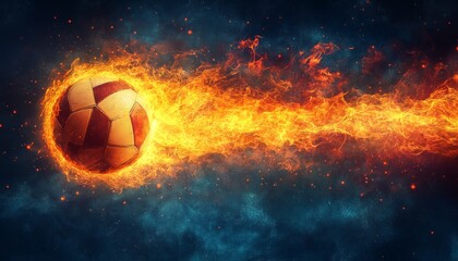 Naklejka premium Fiery Soccer Ball Soaring Through Starry Night Atmosphere
