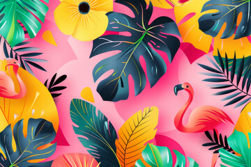 Vibrant tropical leaves and flamingos in a colorful, modern design on a pink background. Concept of exotic wildlife and nature.