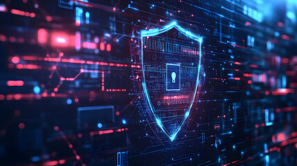 featuring a digital padlock icon, with binary code cascading around it.  A digital shield and firewall symbols dominate the cybersecurity .Android robot navigating through a cyber digital world.