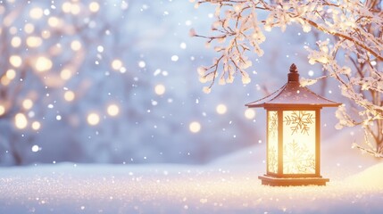 Winter Wonderland  Illuminated Lantern in Snowy Landscape with Bokeh Lights
