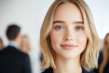 Closeup of a young woman with blonde hair and blue eyes