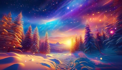 冬、雪景色、オーロラ、星空、森、夕日、幻想的、冬の森、夜空、樹木、自然、光、寒い、夕焼け、冬の夕日