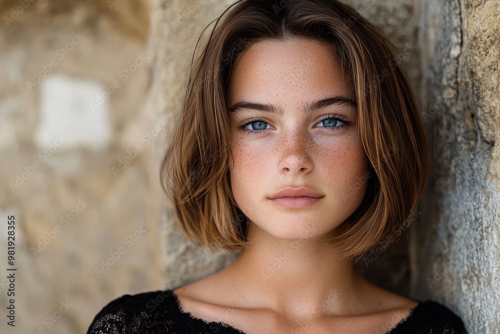 Poster pensive young woman with blue eyes and freckles