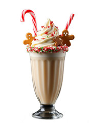 A festive Christmas-themed milkshake topped with whipped cream, colorful sprinkles, a gingerbread cookie, and a candy-striped straw. Presented on a transparent background, perfect for holiday-themed