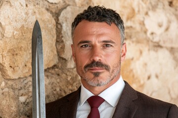 Serious businessman with sword in front of rock wall